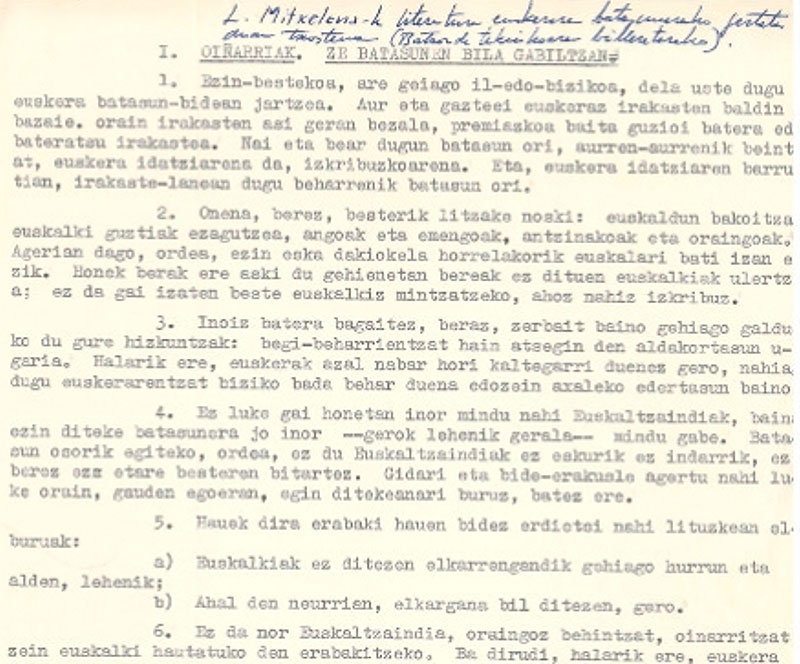Koldo Mitxelenak Arantzazun aurkeztu zuen txostenaren irudia: ABA-EUS 1.209.1968-24