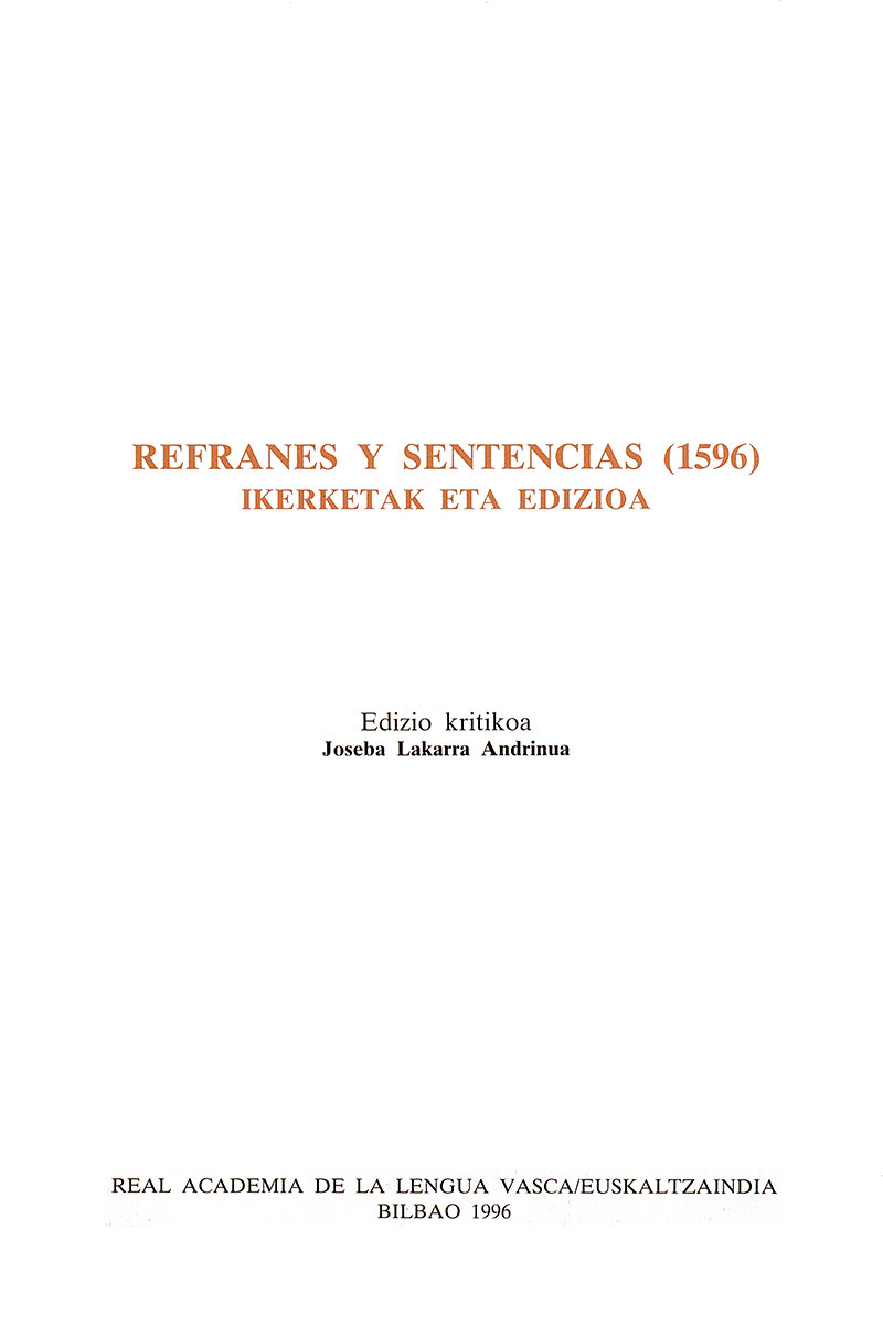 Refranes y Sentencias (1596) (Ikerketak eta edizioa)