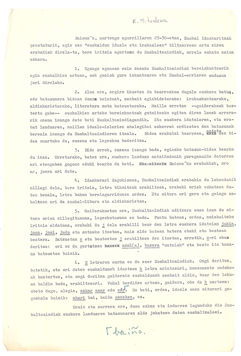 Eskaltzaindiaren osoko bilkuraren batzar-agiria, 1964-10-30